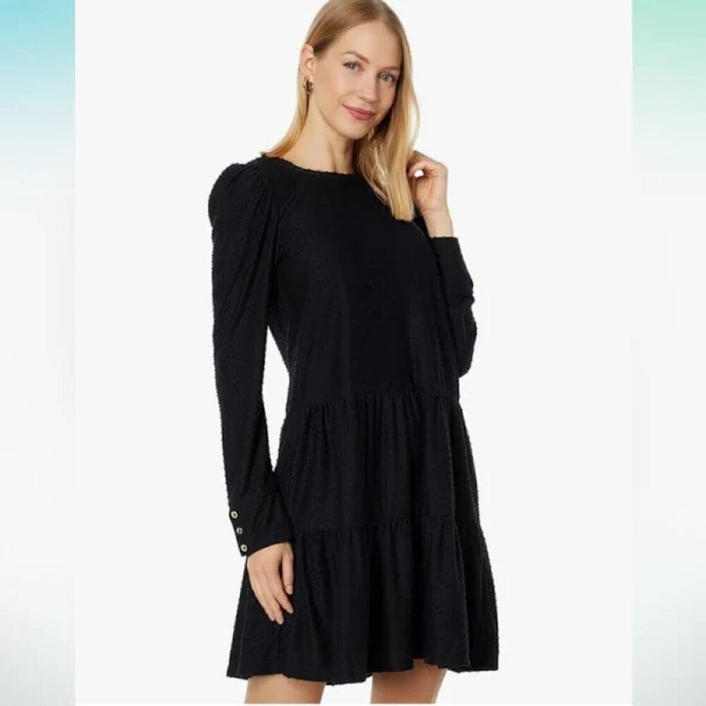 Lilly Pulitzer Arlette Dress Black M – Swiss Dot Tiered Swing, Long Sleeve Gold